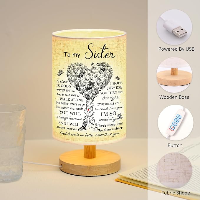 WSYEAR Sister Birthday Gifts, Mothers Day Gifts for Sisters Fabric Lamp, Sister's Gift from Sisters Table Lamp with Wooden Stand, Anniversary Wedding Gift for Sister