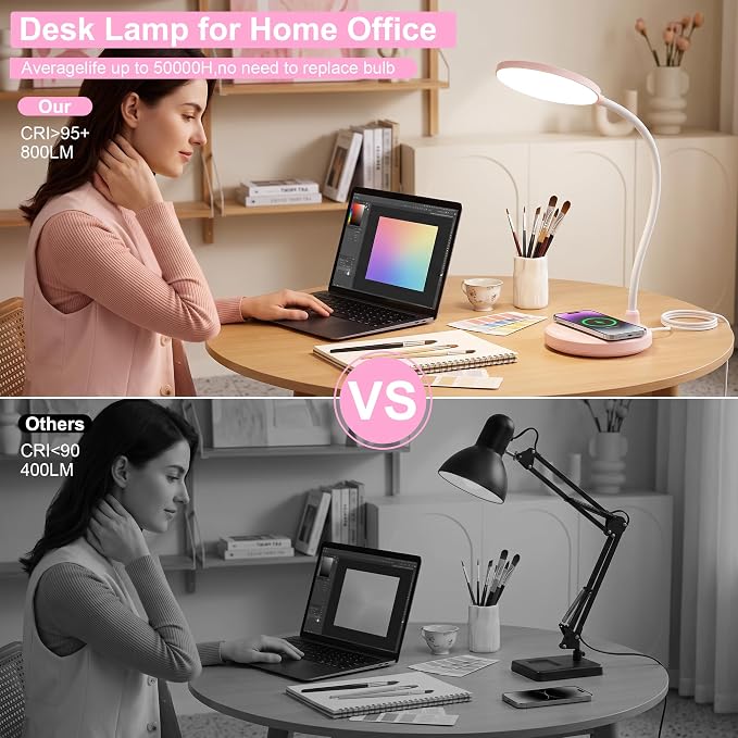 Pink Desk Lamp, Cute Desk Lamp for Girls, Wireless Charger, Dorm | 3 Color Modes, Stepless Dimming Desk Light, 360°Flexible Neck Table Lamp for Bedside Reading, Kids Room, with Adapter