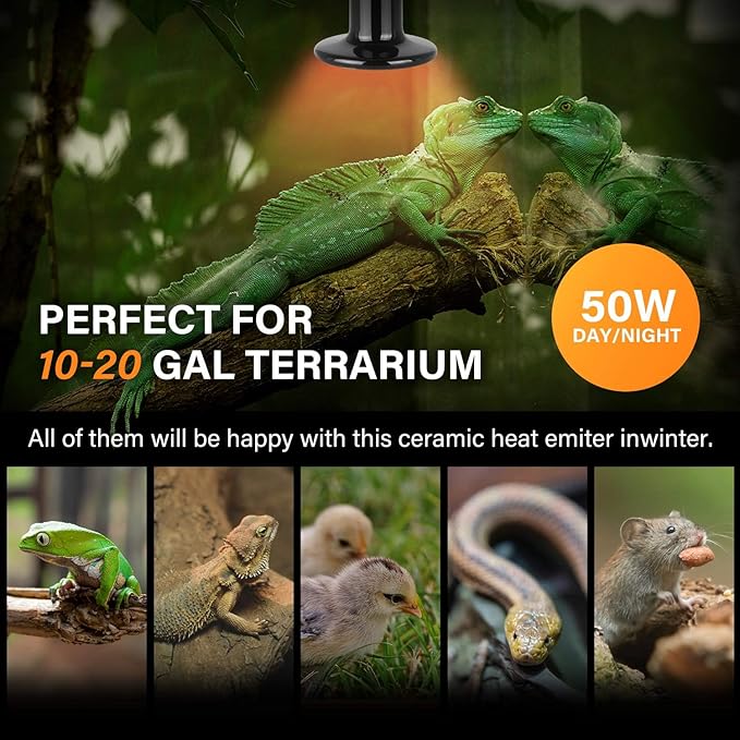 Simple Deluxe 50W Ceramic Heat Emitter Reptile Heat Lamp Bulb No Light Emitting Brooder Coop Heater for Amphibian Pet & Incubating Chicken, 2 Pack