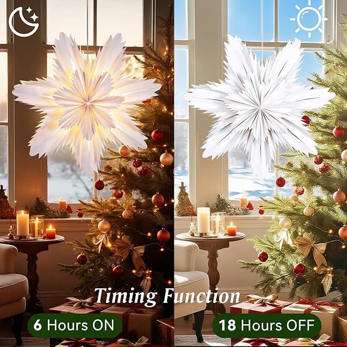 Lewondr Christmas Paper Star Lantern 2 Pack, Hanging Cherry Blossom Light with Remote Control, LED Paper Lanterns with 6H Timer for Holiday Home Decoration, 17.72 × 17.72 × 1.97 Inch, Warm Light