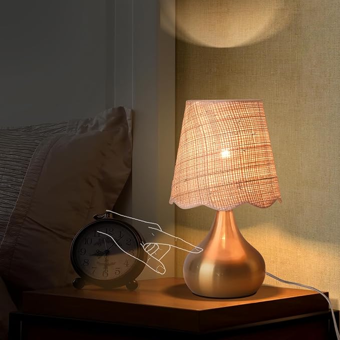 Ziqqeelam Gold Small Bedside Table Lamp Touche Control 3-Way Dimmable Brass Mini Table Lamps for Nightstand, Rattan Shade Small Table Lamps for Small Spaces for Kitchen Counter, Bookshelf, Bedroom