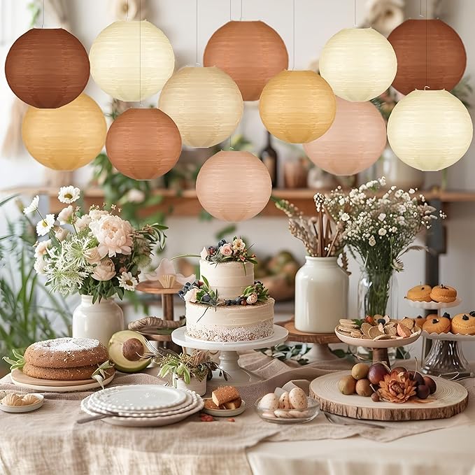 12 Pcs Boho Paper Lanterns, 10'' Brown Party Decorations, Hanging Paper Lanterns Party Decorations for Classroom Western Wedding Baby Shower Home Decor