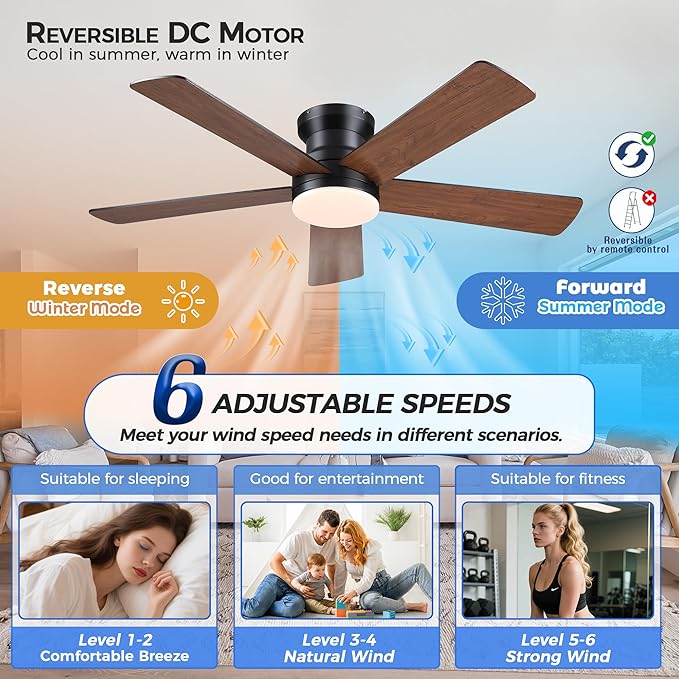 Flush Mount Ceiling Fan with Light and Remote/APP - 48" Low Profile Ceiling Fan with 3CCT Dimmable, 5 Reversible Blades, Modern Indoor Fan Light Fixtures for Bedroom, Kitchen