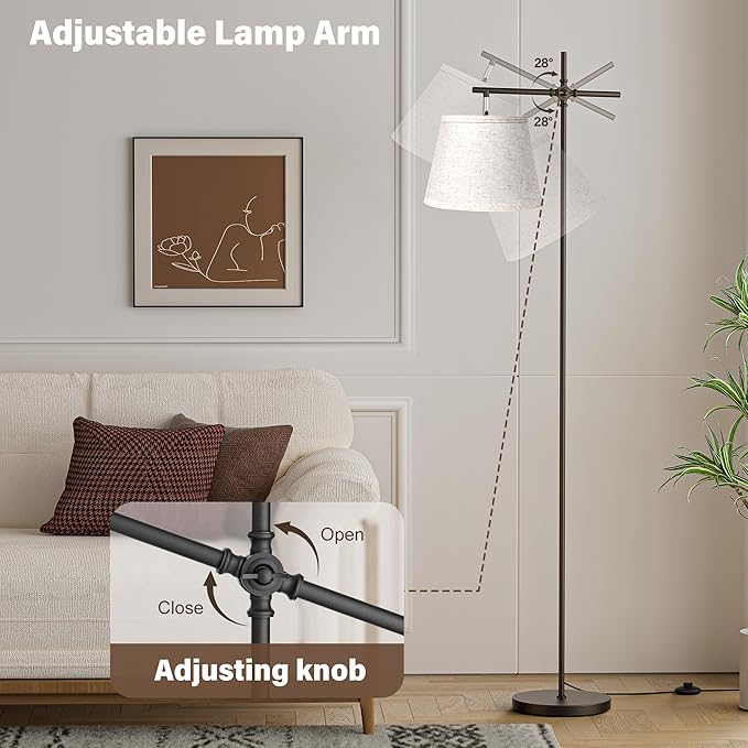 Floor Lamp with Linen Shade, Dimmable Tall Standing Lamp with Remote Control & 3 Color Temperatures Bulb, Modern Swing Arm Floor Lamps for Living Room Bedroom Office Corner