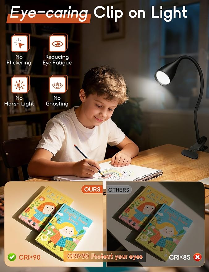 Reading Light for Book in Bed,Clip on Light Reading Lamp with Adapter Black | 5 Color Modes 10 Brightness, Flexible Eye-Caring Clip on Desk Lamp Book Light for Reading in Bed Headboard Bedside Bedroom
