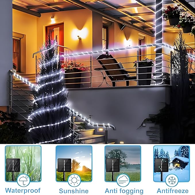 Solar Rope Lights Outdoor Waterproof, 66 Feet 200 LED 8 Modes Fairy Lights String Light, Cool White Tube Light with Solar Panel for Outside Garden Yard Patio Decoration