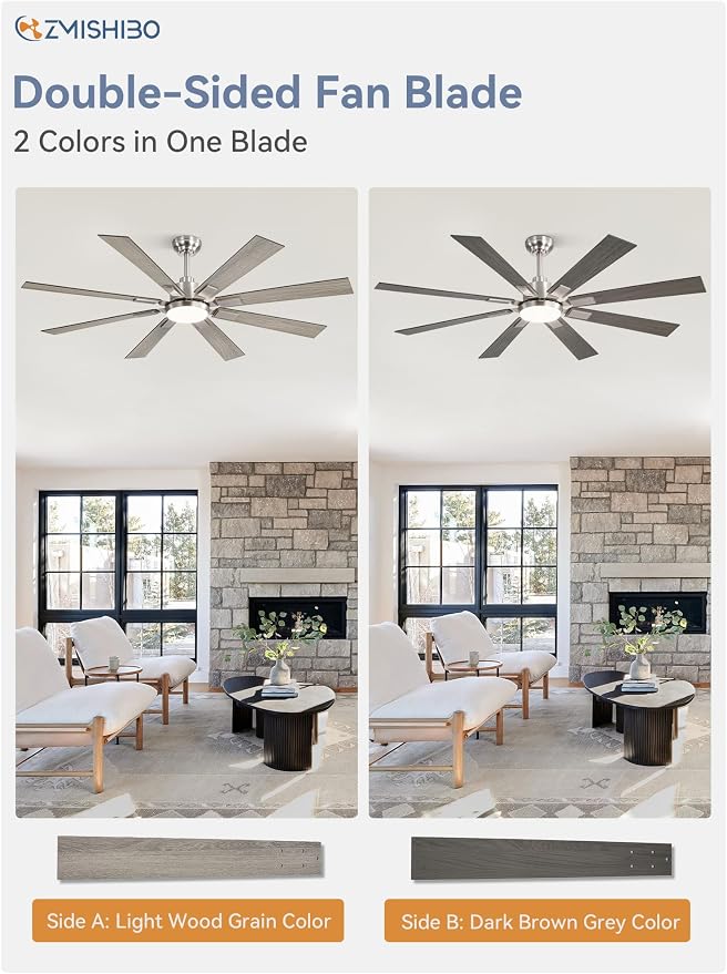 ZMISHIBO 62” Modern Ceiling Fan with Light, Remote Control, Brushed Nickel | High CFM Powerful Airflow, Quiet DC Motor, 24W 3 CCT LED, Indoor/Covered Outdoor, Dual-Finish, Damp Rated