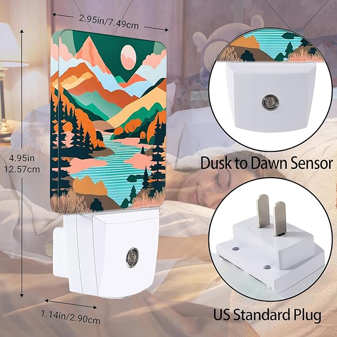 Pink Moon Mountain Night Light, River Plug into Wall with Dusk to Dawn Light Sensors, Warm Nightlights for Bedroom, Bathroom, Hallway, Kitchen, Gifts Ideal for Girls Women