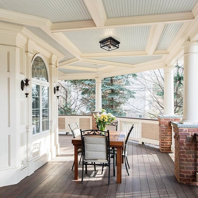 CALOKES Outdoor Flush Mount Motion Sensor Ceiling Light - Timeless Industrial Design with Seeded Clear Glass for Your Porch, Driveway, Covered Patio, Farmhouse, and Entryway