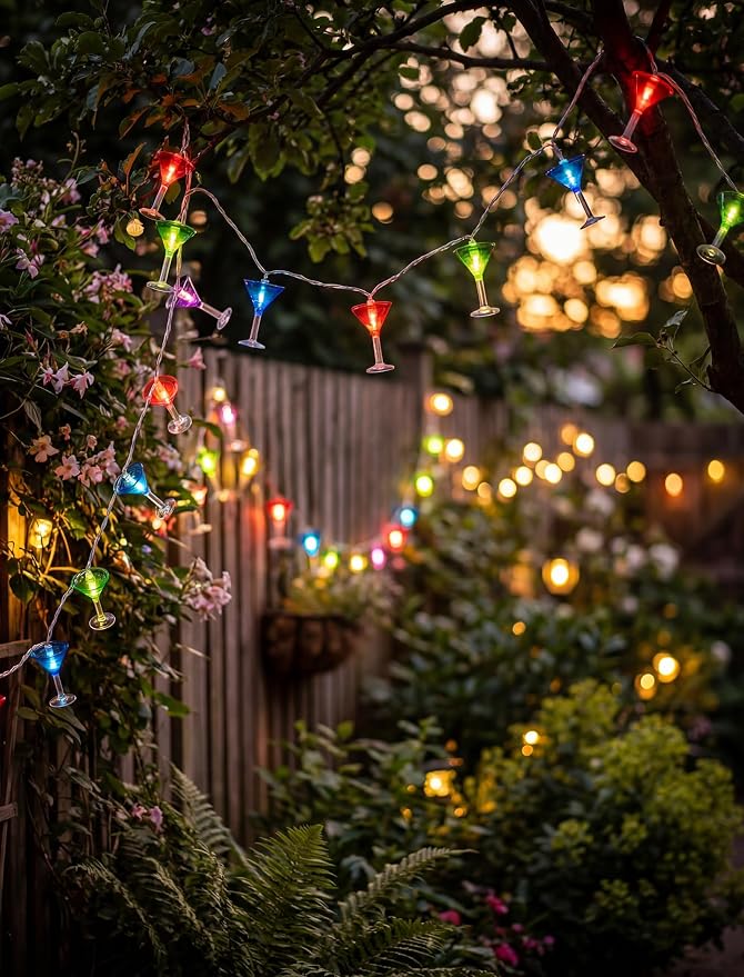 10 LED Cocktail Glass Lights, 8.5Ft Tropical Beach Camping String Lights | Plug in, Multicolor Margarita Drink Cup, Summer Hawaiian Outdoor Decor for Camping Tent Holiday Party Garden