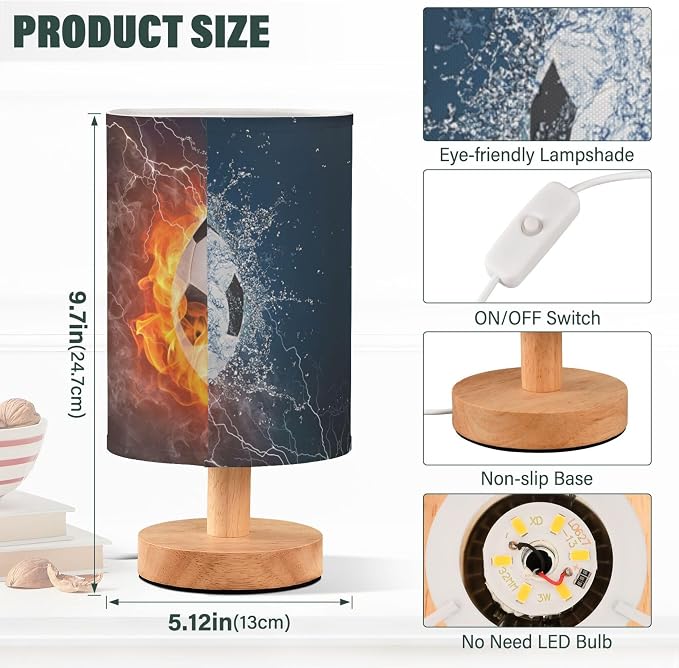 Table Lamp Soccer Ball in Fire Flame Water Sport Design American Football Nightstand Lamp with Wood Base Fabric Lamp Shade Bedside Desk Lamp for Living Room Bedroom Kids Room Office