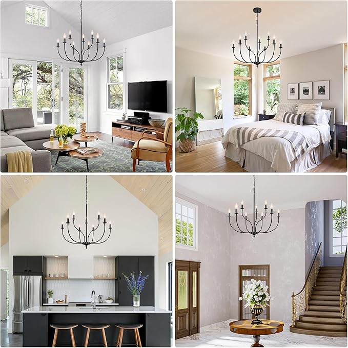 Black Chandelier, 9-Light Farmhouse Chandelier for Dining Room Lighting Fixtures Hanging, 2-Tier French Country Candle Chandeliers for Living Room Bedroom Foyer(Frosted Black)