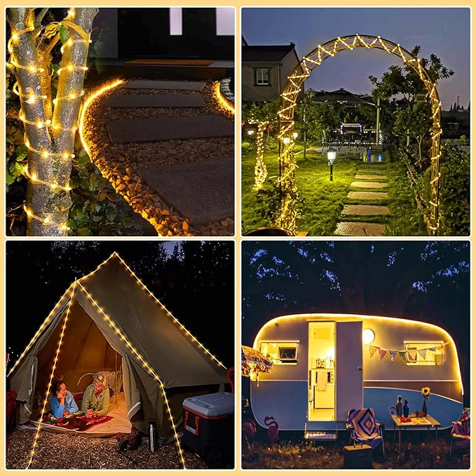 2 Pack Solar Rope Lights Outdoor Waterproof, Total 66FT 270 LED Solar String Lights for Outside with 8 Modes, Solar Powered Fairy Light for Patio Trampoline Garden Pool Holiday Decor, Warm White