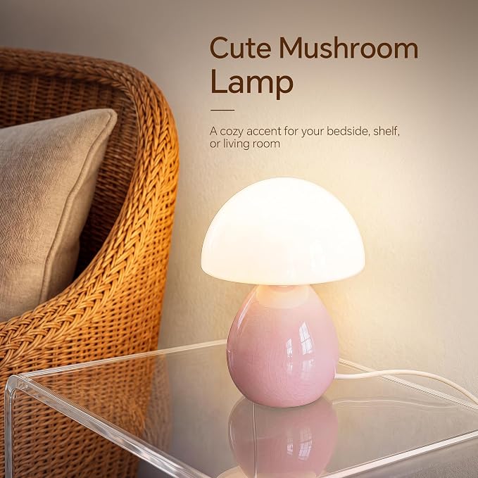 Mushroom Lamp Table Lamp for Bedroom,Ice Crackle Desk Lamp Bedside Small Lamps for Living Room Night Stands,Table Lamps Cute Modern Mid Century Lamps (Pink-Ice Crackle)