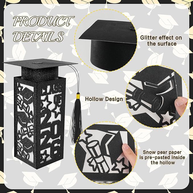 6 Pcs Graduation Table Centerpieces Boxes Class of 2026, Black Graduation Paper Lanterns Boxes with String Lights Hollow Out for Congrats Grad School College Table Decorations Grad Party Photo Props