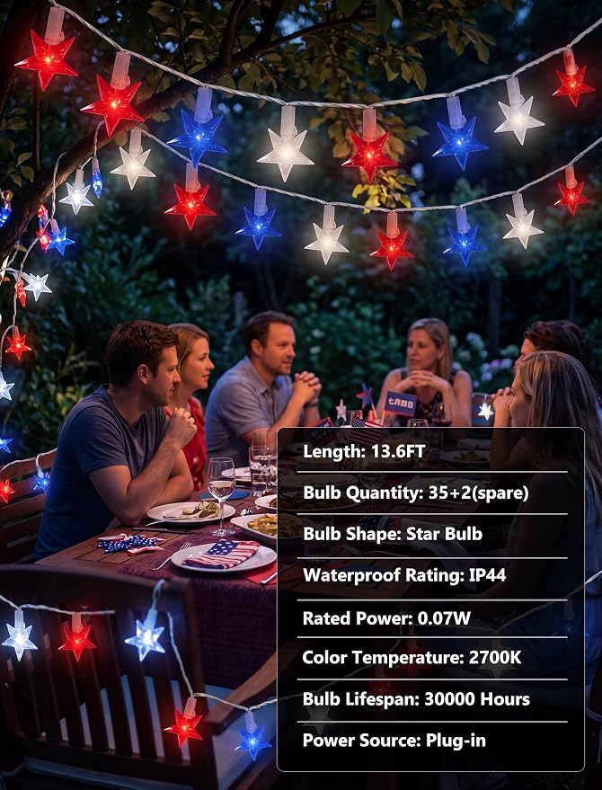 35 Red White and Blue Star Lights, 13.6Ft 4th of July String Lights | Plug in, Connectable, UL Certified, Five Star LED Bulbs, Home Decorations for Independence Day Patriotic Party, White Wire