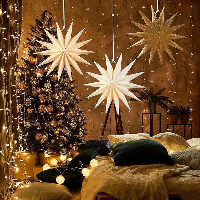 SUNBEAUTY 14-Pointed 18 Inch Hollow Out Paper Star Lanterns Brown White Christmas Lanterns Hanging Lamp Paper Decorations Shade Wedding Birthday Christmas Home Party Decorations