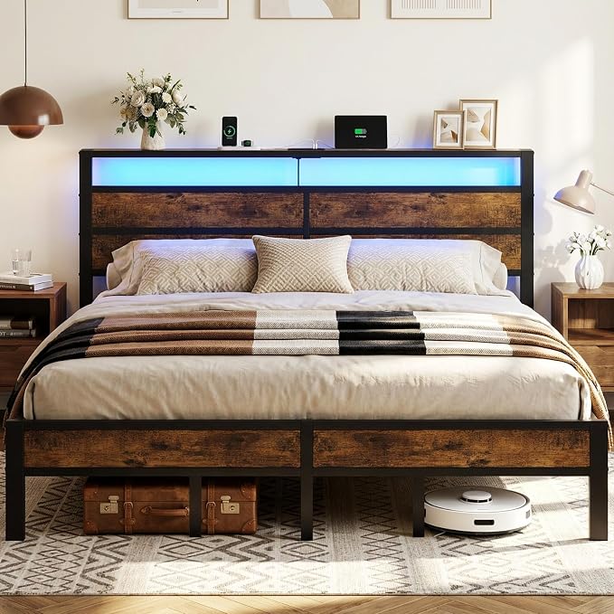 King Size Bed Frame with LED Lights and Charging Station | Brown Metal Platform Bed, Wood Headboard, Sturdy Slats, No Box Spring Needed, Noise Free, Easy Assembly
