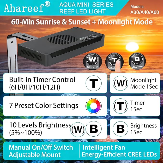 Aquarium Light 60W Reef Light for Coral SPS LPS Saltwater Light | Dimmable for SPS/LPS Corals,Sunrise, Sunset, Moonlight Modes, Ideal for 20-36in Saltwater Reef Fish Tanks Up To 60 Gallons