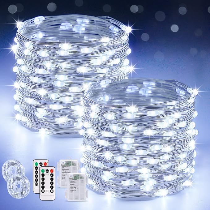 JMEXSUSS 2 Pack Fairy Lights Battery Operated, Total 400 LED 132ft, White | Fairy String Lights with Remote, Outdoor Waterproof, 8 Modes Twinkle Lights for Bedroom Classroom Party Tree Wall Patio Decor