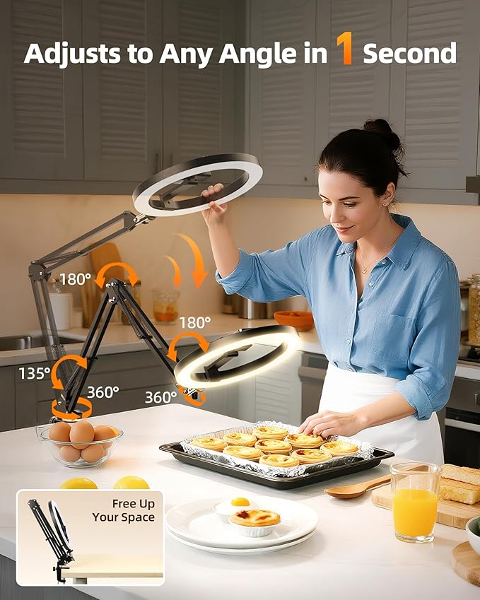 Overhead Phone Mount with Ring Light Phone Holder,10" LED Ring Light for Desk with Stand and Remote for iPhone,Phone Tripod with Light for Video Recording TikTok Live Stream Cooking Kitchen Vlogging