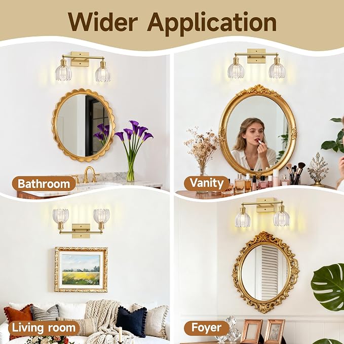 Vintage Bathroom Light Fixtures,2-Light Rustic Vanity Lights for Bathroom,Hallway,16.5 in Brass Vanity Lights,Tulip Light Fixtures for Mirror with Clear Tulip Glass Shade for Bedroom,E26 Base