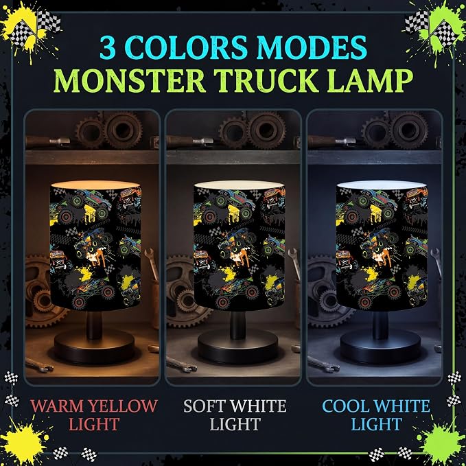 Truck Kids Table Lamp for Bedroom Kids Bedside Lamp with Linen Wooden Nightstand Cartoon Nursery Lampshade for Girls Boys Living Room