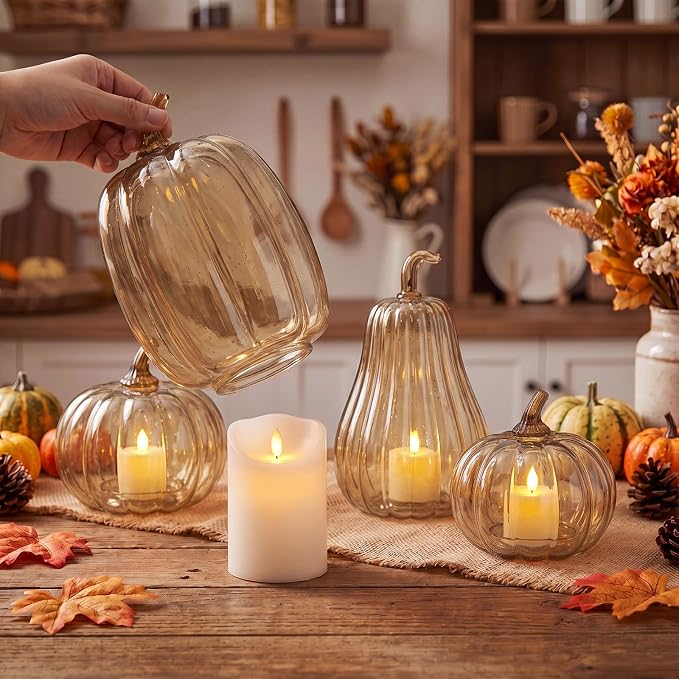 Yungyan Set of 3 Glass Pumpkin Lamp Shades Fall Decor,Light Brown | Pumpkin Candle Holder Rustic Thanksgiving Halloween Autumn Mantel Table Centerpiece Home Decoration, Lights Not Included