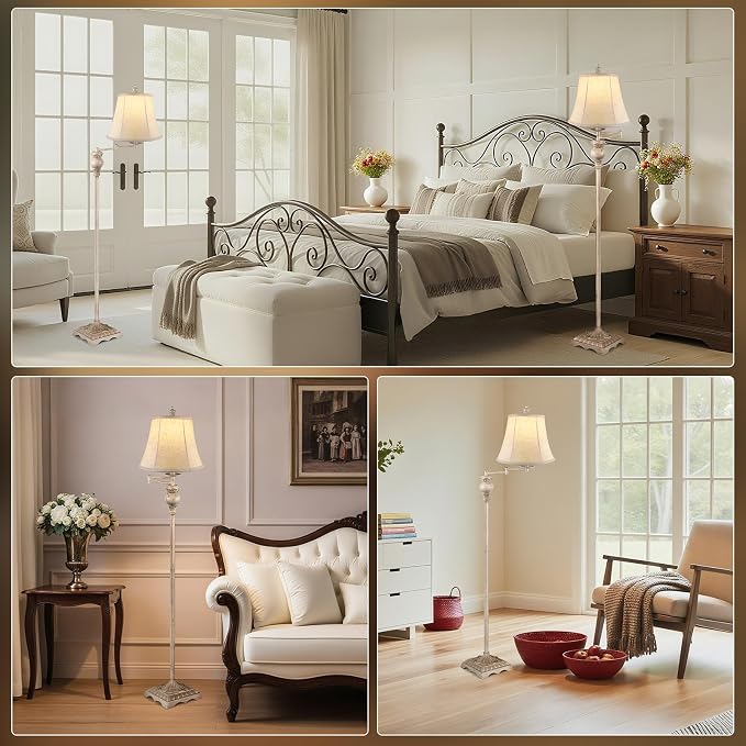 Vintage Floor Lamps for Living Room,Traditional 350° Adjustable Swing Arm Farmhouse Floor Lamp for Bedroom, Rustic Standing Lamp Pole Lamps for Reading, Home Décor and Office, White