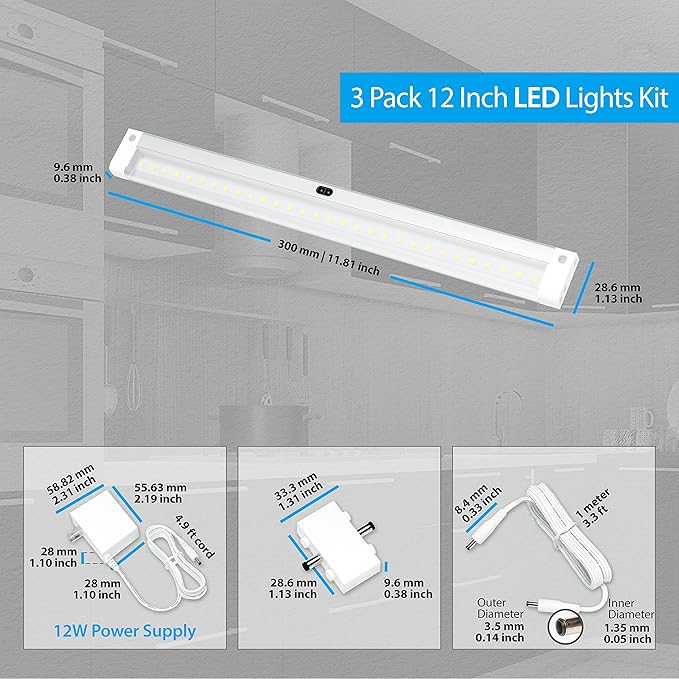 EShine Hand Wave Activated Under Cabinet LED Lighting Kit, Dimmable, 3-Pack 12 in - Touchless Dimming Control, White Under Counter Lights for Kitchen, Garage, Office, Desk - Warm White (3000K)