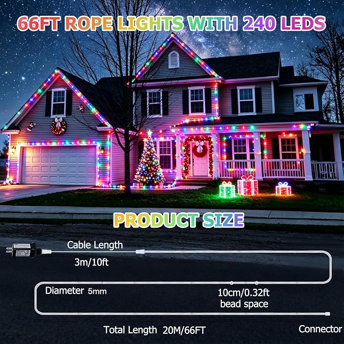 (New) 66FT 240 LED Rope Lights Outdoor, Waterproof LED String Lights with 8 Lighting Modes, Twinkle Tube Lights for Christmas, Garden, Patio, Party, Wedding, Bedroom Decorations (Multicolor)