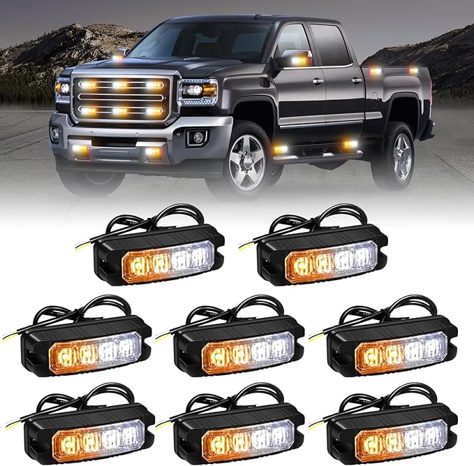XRIDONSEN 8PCS Sync Truck Grill Lights 32 LED Strobe Lights Amber White Grille Surface Mount Emergency Flashing Warning Safety Hazard Caution Light for Tow Plow Trucks Construction Vehicles Car