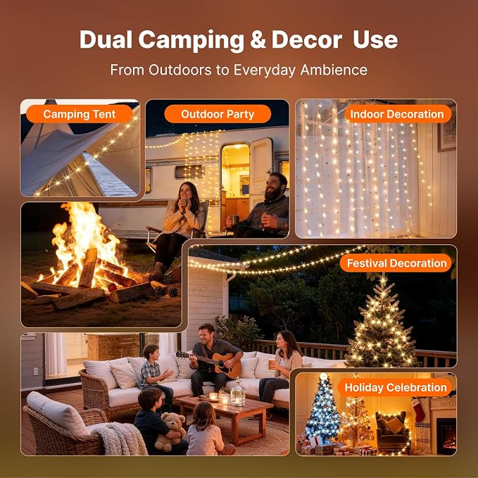 Solar Camping String Lights, 5400mAh/ 49.2FT/ 11 Modes Rechargeable | Camping Lights Outdoor/Indoor, 4-in-1 Quick Storage Fairy Tent Lights Portable LED Lamp for Patio Yard Party Decor Essentials
