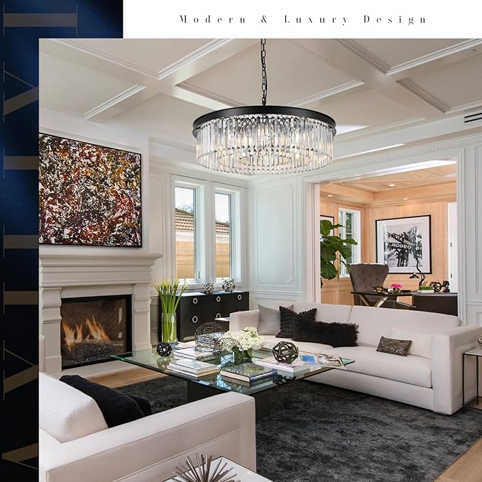 30'' Modern Crystals Chandelier 12-Light Large Black Crystal Chandeliers for Entryway 3-Tier K9 Crystal Ceiling Pendant Light Fixture for Living Room Dining Room Foyer Kitchen Bedroom
