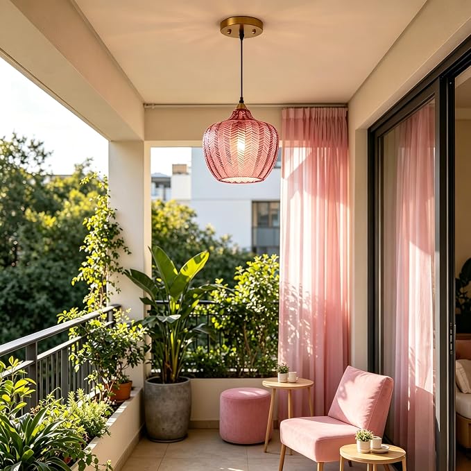 Pink Glass Pendant Lights Kitchen Island Gold Hanging Ceiling Light 9.45" | 1 Pack, Adjustable height, Dimmable, E26 bulbs, Rust-resistant Damp Rated For Bathrooms, 5-Year Warranty, UL Certification