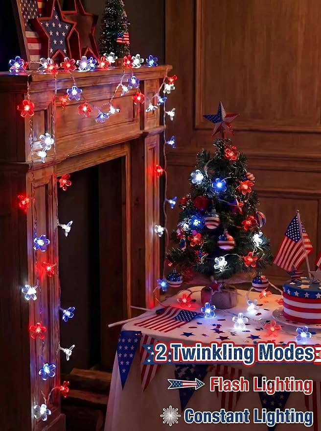 July 4th Independence Day Flower Battery Operated Indoor String Lights 30L | Red Blue White Cherry Blossom Outdoor Fairy Lights Waterproof Memorial Day