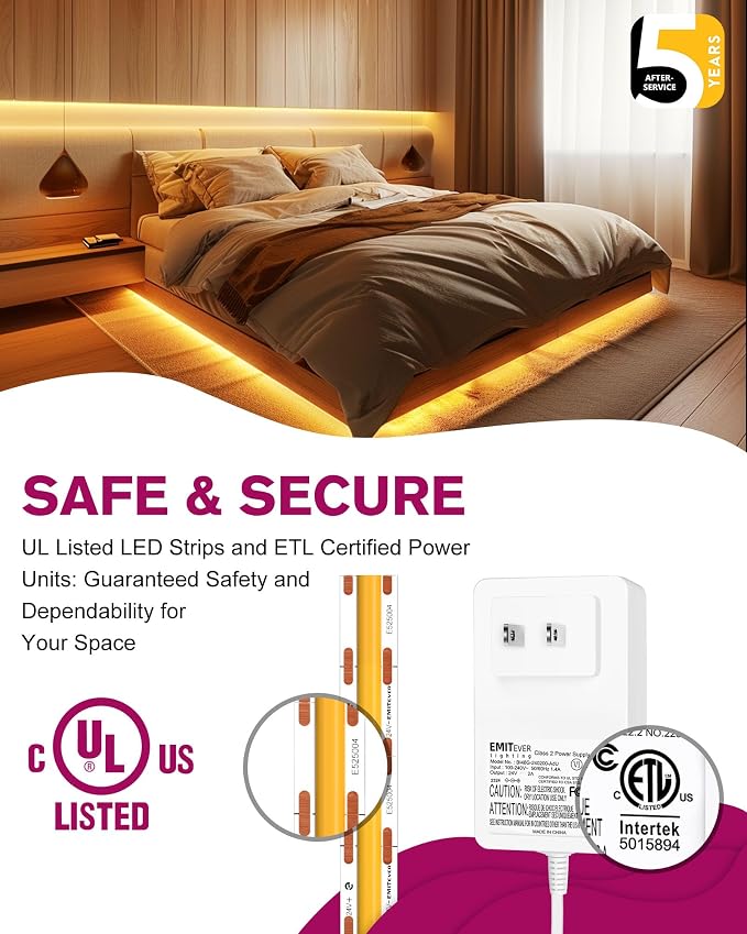 EMITEVER Warm White COB Strip Light Kit 2700K,16.4ft 2400LEDs,24V Dimmable | CRI 90+,305+LM/ft,ETL 48W power supply & remote included,UL listed Strip for living room,kitchen,under cabinet & shelving