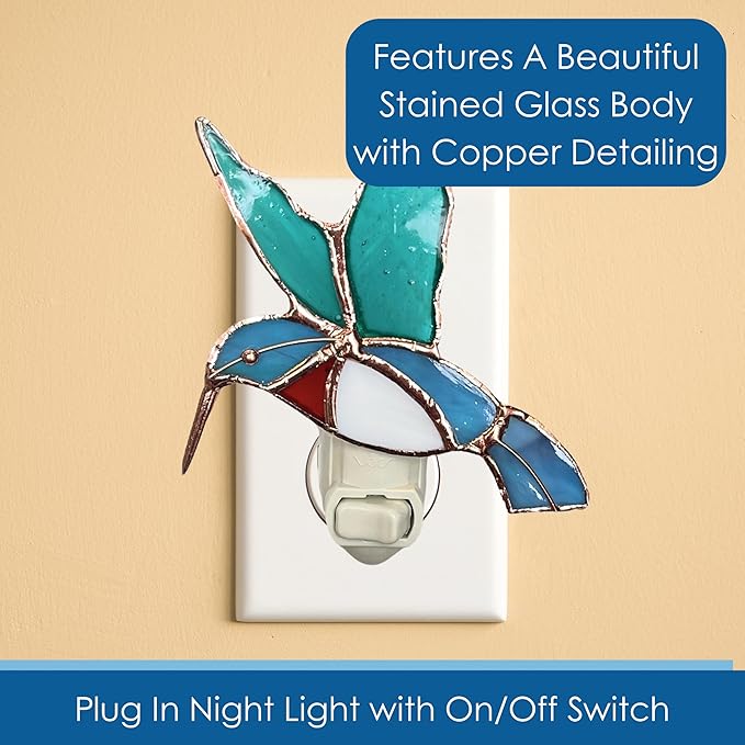 Gift Essentials Hummingbird Plug in Night Light - Stained Glass Nightlight with On/Off Rocker Switch - Includes One 4 Watt Replaceable Incandescent Warm Glow Bulb