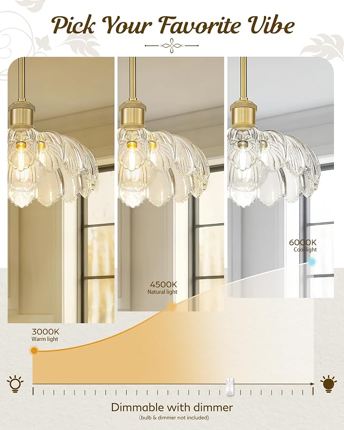 FEMILA Vintage Gold Flower Glass Pendant Light for Kitchen Island | 10.4" floral glass hanging light fixtures, adjustable height up to 51.8", E26 base, flat, sloped or vaulted ceiling mount