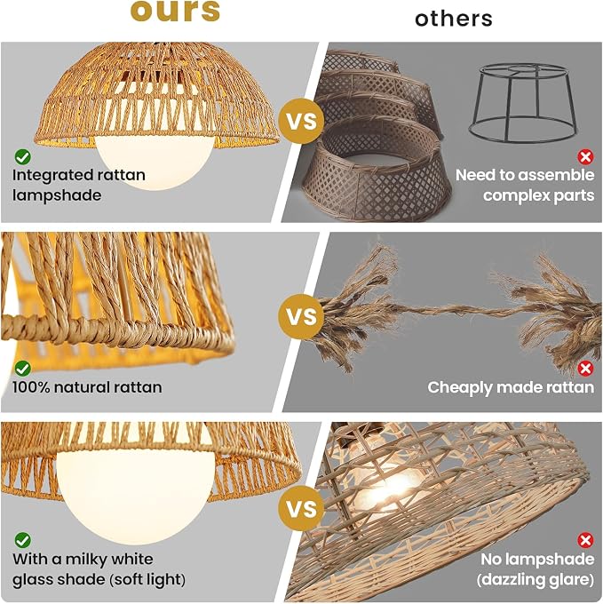 2 Pack Rattan Pendant Light, 11.8" Hand Woven Boho Pendant Light Fixture with Milk Glass Globe, Gold Kitchen Island light Fixtures Adjustable Chandelier for Dining Room Hallway Foyer Restaurant