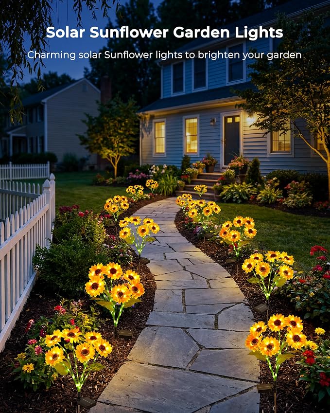 Brightown 3 Pack 6 Head Solar Sunflower Garden Stake Lights Waterproof | 18 glowing stem sunflowers, waterproof solar powered, auto on off decorative stakes for yard, patio, lawn outdoor decoration