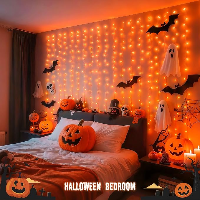 JMEXSUSS Orange Curtain Lights for Halloween, USB Plug in, 200 LED | Remote Control, Halloween Curtain String Lights, 8 Modes Orange Hanging Window Lights for Bedroom Party Indoor Outdoor Decor