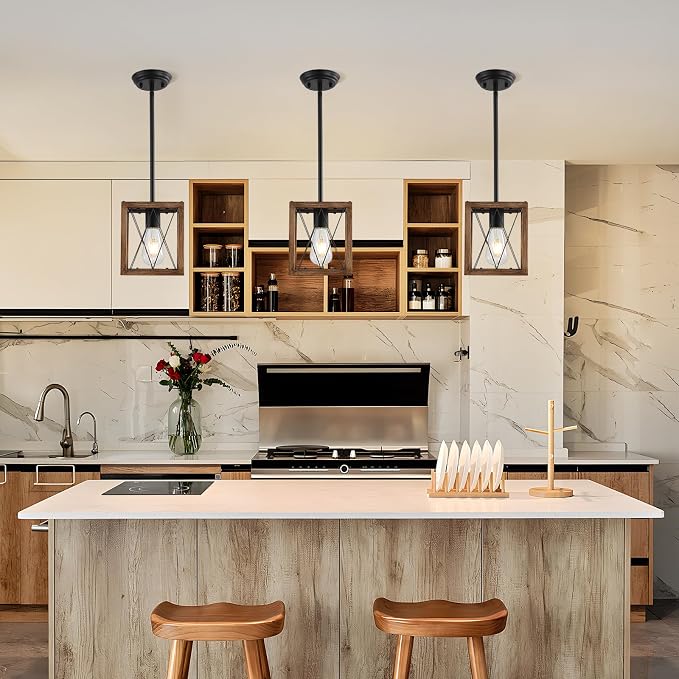 KEESFU Farmhouse Pendant Light, 1 Light Metal Cage Hanging Light with Wooden Grain Finish,Height Adjustable Kitchen Island Lighting,Pendant Lighting for Kitchen Island Hallway Foyer.2 Pack.