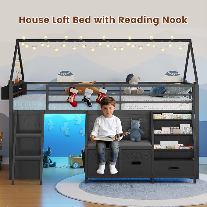 ADORNEVE Low Loft Bed Twin Size with Bookshelf, Reading Nook & 3 Drawers | Kids Loft Bed, LED, Storage Drawers, Beside Box, Under-Bed Play Space,Safety Guardrail, Inclined Ladde, Play Curtain, Black