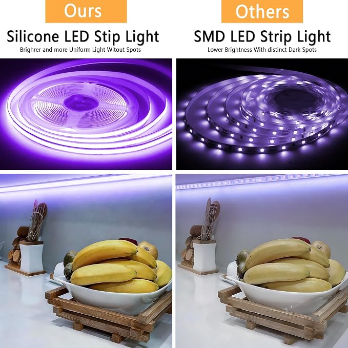 Purple COB LED Strip Lights，20Ft 24V Super Bright Dimmable LED Light Strip High CRI95+ Flexible Tape Ideal for Bedroom Ambient Light Cabinet Stair Decor Home DIY Lighting Project