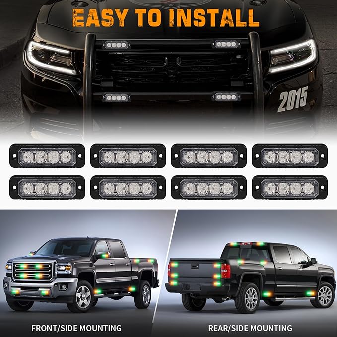 XRIDONSEN 8PCS Sync Truck Grill Strobe Lights 32 LED Amber Green Emergency Lights Grille Surface Mount Strobe Flashing Warning hazard Caution Safety Light for Tow Plow Trucks Construction Vehicles Car