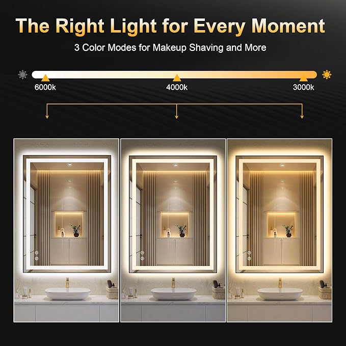 LED Bathroom Mirror with Light, 30x50 Vanity Mirror for Wall with Frame | Anti-Fog, Dimmable 3 Colors, Memory Function, Backlit and Front Lit, Shatter-Proof Glass, Plug-in/Hardwired