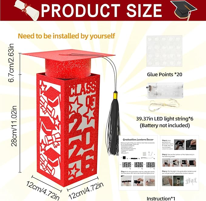 6 Pcs Graduation Table Centerpieces Boxes Class of 2026, Red Graduation Paper Lanterns Boxes with String Lights Hollow Out for Congrats Grad School College Table Decorations Grad Party Photo Props