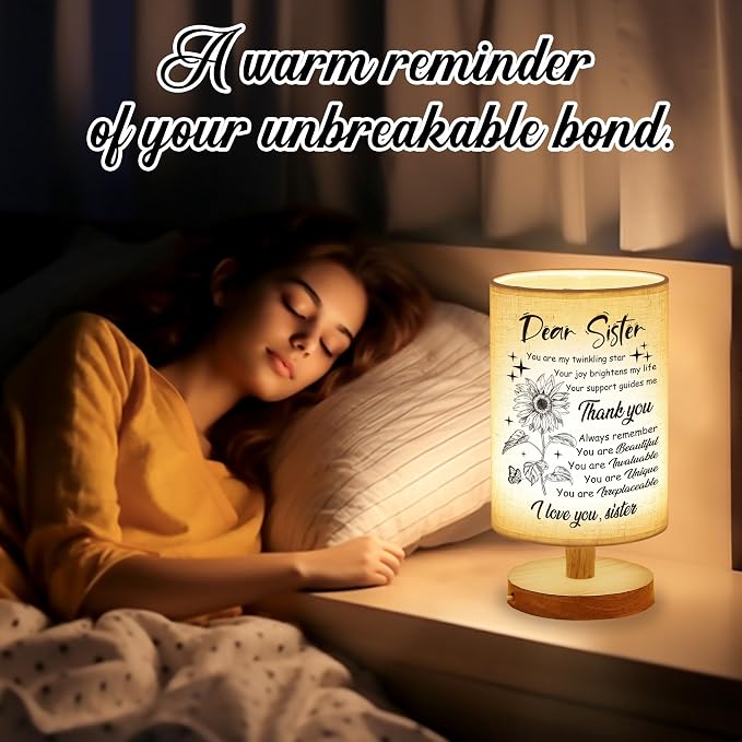 WSYEAR Sister Gifts for Women, Christmas Birthday Gifts for Sister,Table Lamp with Wooden Stand Anniversary Wedding Present for Girls