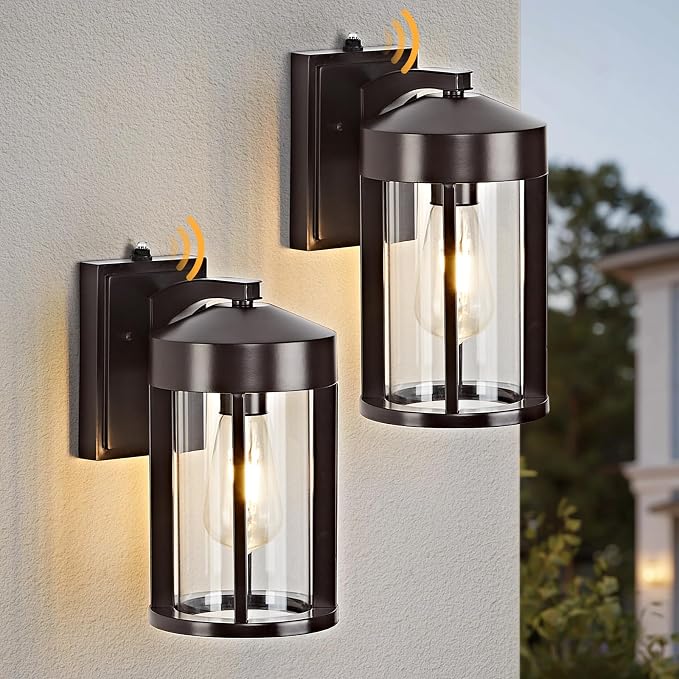 Dusk to Dawn Outdoor Lights Fixture Wall Mount–Geometric Industrial Bronze Exterior Wall Sconce, Waterproof Anti-Rust with Photocell Sensor Outside Porch Light for House Patio Entryway Garage (2 Pack)